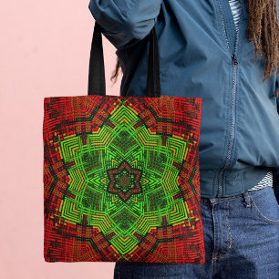Weave Mandala Flower Red and Green Tote Bag