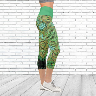 Weave Mandala Green and Orange Capri Leggings