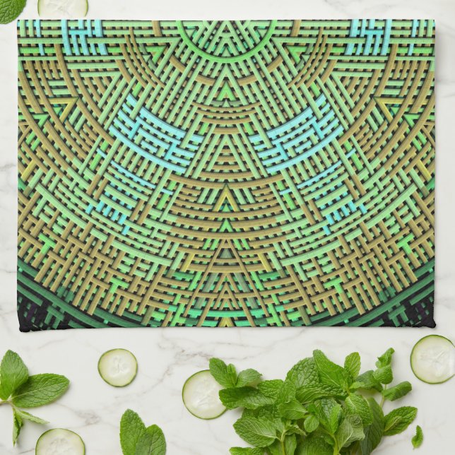 Weave Mandala Green and Orange Tea Towel (Folded)