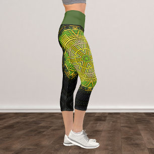 Weave Mandala Green and Yellow Capri Leggings