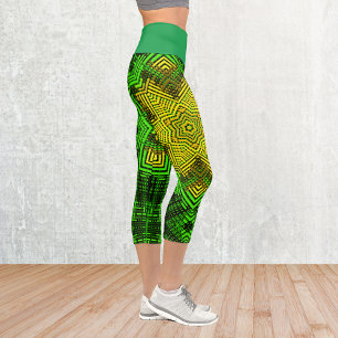 Weave Mandala Green and Yellow Capri Leggings