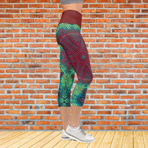 Weave Mandala Green Blue and Red Capri Leggings