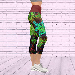 Weave Mandala Green Red and Blue Capri Leggings