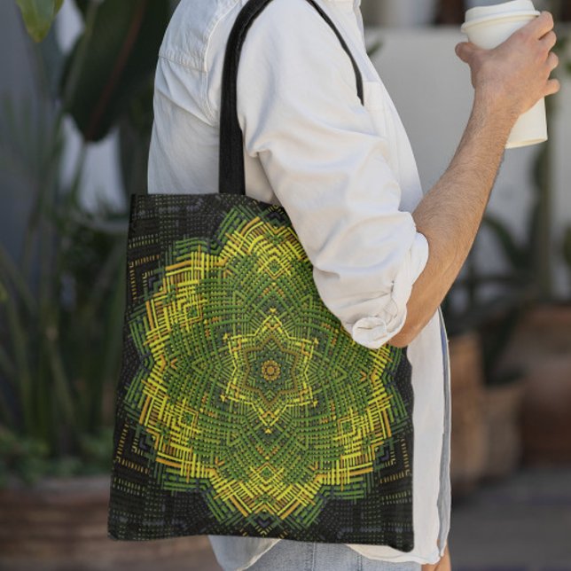 Weave Mandala Green Yellow and Black Tote Bag (Creator Uploaded)