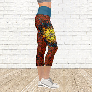 Weave Mandala Orange Yellow and Blue Capri Leggings