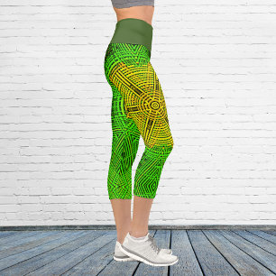 Weave Mandala Yellow and Green Capri Leggings