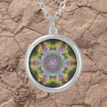 Weave Mandala Yellow Pink and Green Silver Plated Necklace<br><div class="desc">This funky mandala features yellow,  pink,  and green in a basket weave style. Psychedelic visuals for the modern hippie or anyone who loves groovy colors.</div>