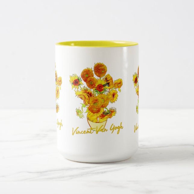 Weave pattern of Sunflowers by Vincent van Gogh Two-Tone Coffee Mug (Center)