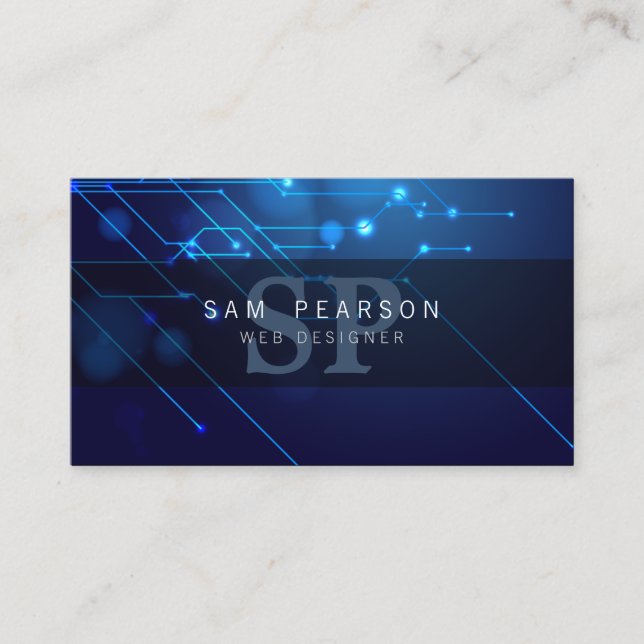 Web Designer Internet Skills Monogram Circuits Business Card (Front)