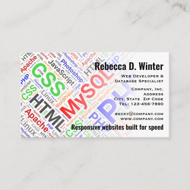 Web Developer Colourful Word Art Professional Business Card (Front)
