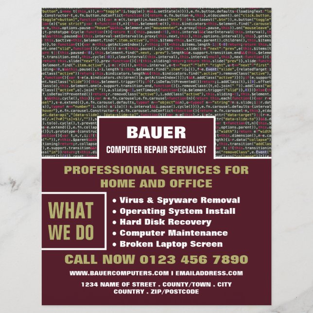 Web Script, Computer Repair Specialist Advertising Flyer (Front)