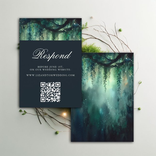 Website QR Code Enchanted Garden Wedding RSVP Enclosure Card (enchanted forest wedding rsvp qr code website magical garden fairy lights hanging vines greenery)