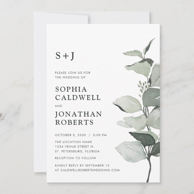 Website RSVP Eucalyptus Sage Monogram Wedding Invitation (Front)
