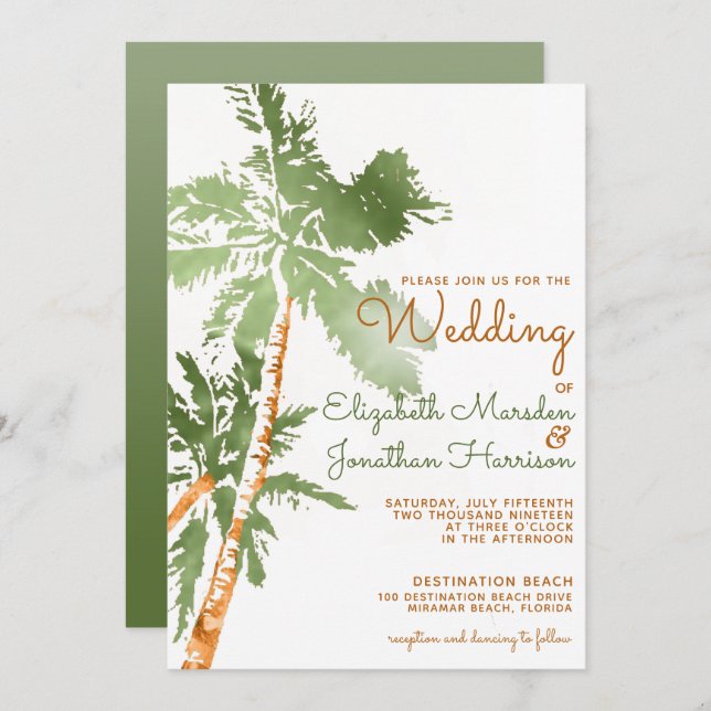 Website Tropical Green Gold Palm Trees Wedding Invitation (Front/Back)