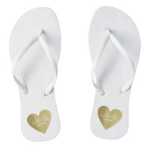 wed love celebration personalised gold heart flip flops
