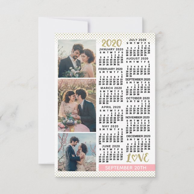 Wedding 2020 Calendar Blush Pink Gold 3 Photos Save The Date (Front)