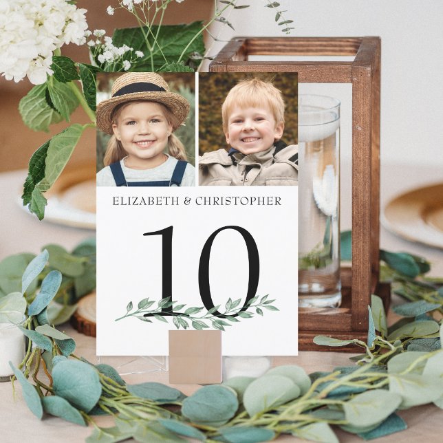 Wedding 2 Photos Greenery Table Number 5x7 Sign (Creator Uploaded)
