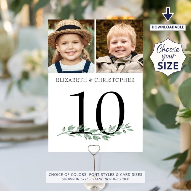 Wedding 2 Photos Greenery Table Number 5x7 Sign (Creator Uploaded)