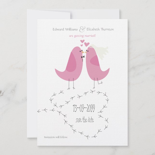 Wedding 2 Pink Birds Save the Date Announcement (Front)