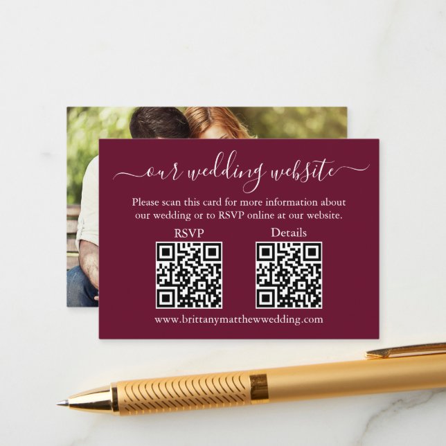 Wedding 2 QR RSVP Details Photo Burgundy Enclosure Card (Front/Back In Situ)