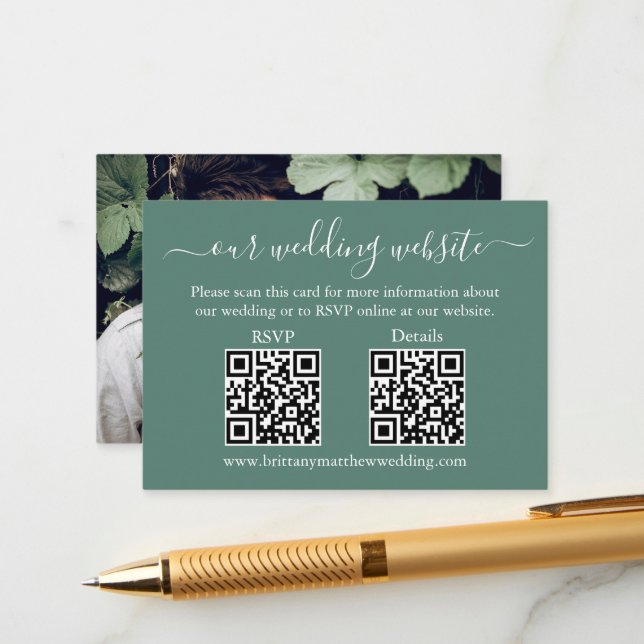 Wedding 2 QR RSVP Details Photo Eucalyptus Green Enclosure Card (Front/Back In Situ)