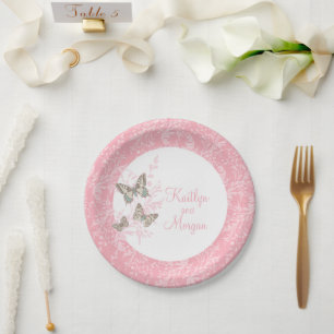 Wedding 3 ink butterflies pink white paper plate