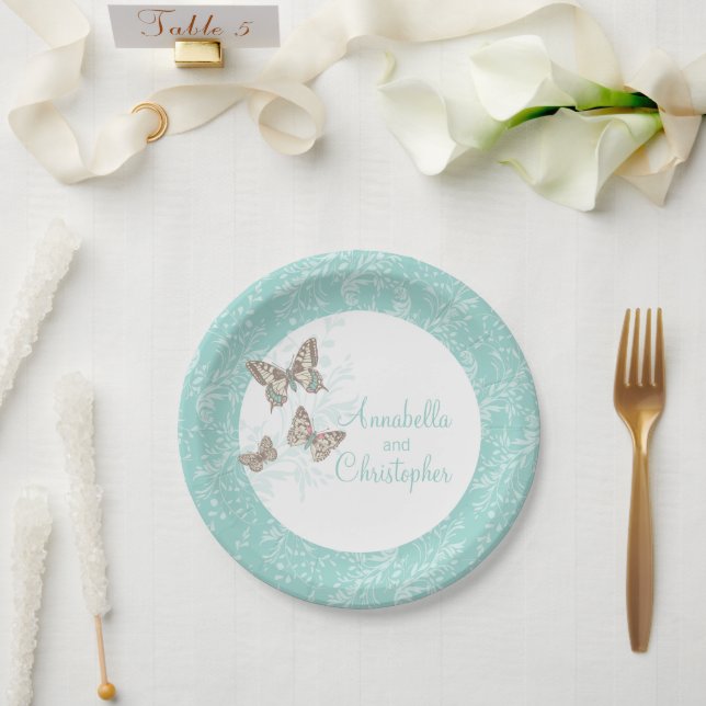 Wedding 3 ink butterflies teal white paper plate (Wedding)