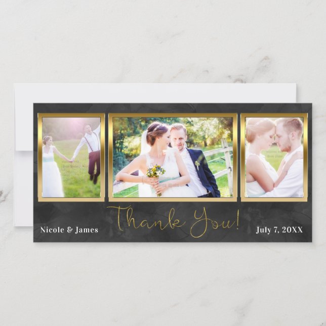 Wedding 3 Photo Picture Black Gold Thank You (Front)