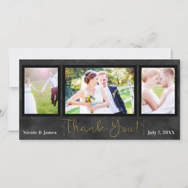 Wedding 3 Photo Picture Black Gold Thank You (Front)