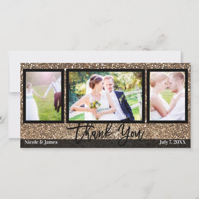 Wedding 3 Photo Picture Bronze Glitter Thank You (Front)