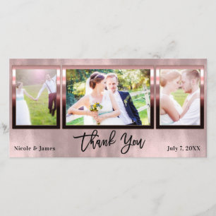 Wedding 3 Photo Picture Rose Gold Shine Thank You Card