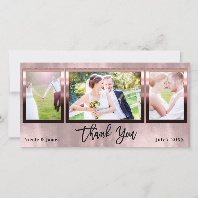 Wedding 3 Photo Picture Rose Gold Shine Thank You Card (Front)