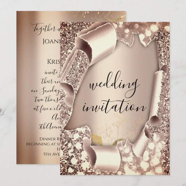 Wedding 3D Cart Effect Frame Florals Rose Gold Invitation (Front/Back)