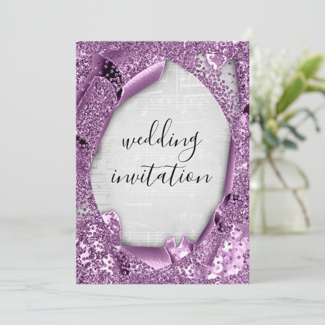 Wedding 3D Effect Silver Grey Purple Music  Invitation (Standing Front)