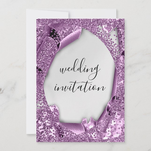 Wedding 3D Effect Silver Grey Purple Violet Invitation (Front)
