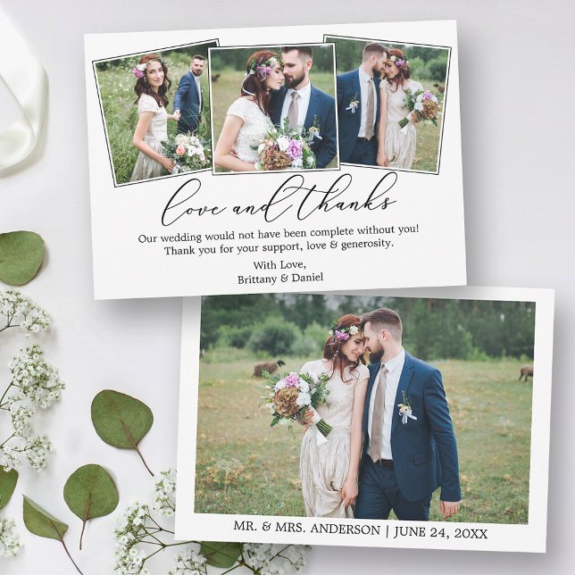 Wedding 4 Photo Modern Minimalist Calligraphy Love Thank You Card (Customize to change your personalized text size or text style.)