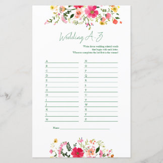 Wedding A to Z Game | Bright Floral Bridal Shower 