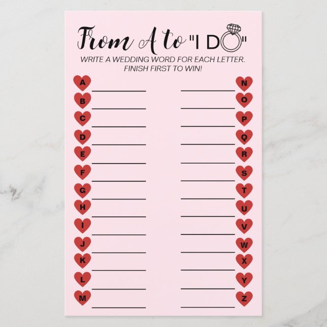 Wedding A to Z Game – Fun Bridal Shower Activity (Front)