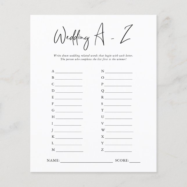 Wedding A-Z | Bridal Shower Game (Front)