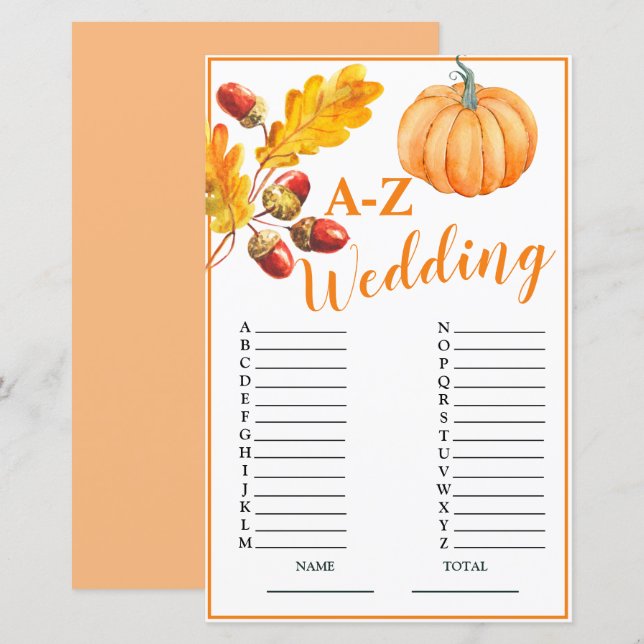 Wedding A-Z Fall Pumpkin Bridal Game (Front/Back)