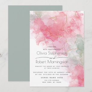 Wedding  Abstract Alcohol Ink Rose and Mint  Invitation