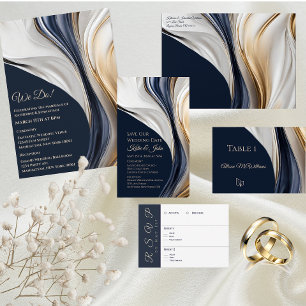 Wedding-Abstract Fluid Art-Blue and Gold- Invitation