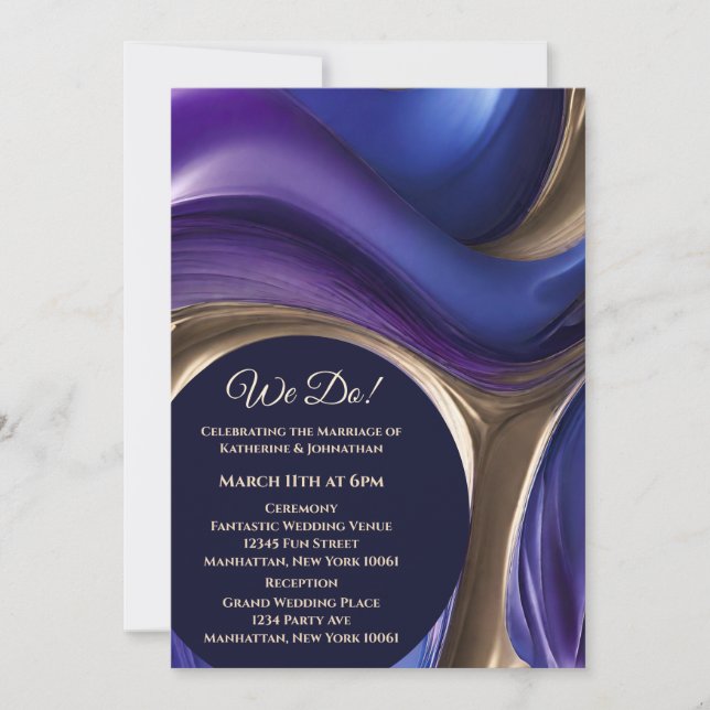 Wedding-Abstract Fluid Art-Blue Purple and Gold- Invitation (Front)
