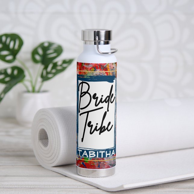 Wedding Abstract Paint "Bride Tribe" custom name  Water Bottle (Yoga)