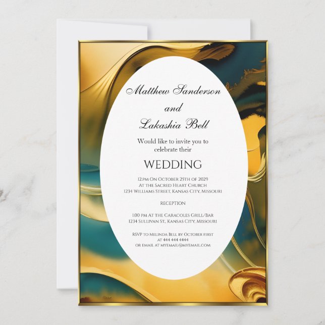 Wedding Abstract teal gold Elegant Modern Invitation (Front)