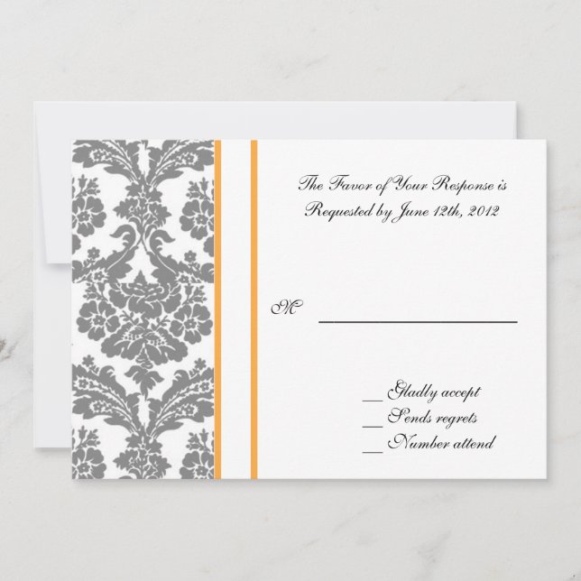 wedding acceptance card, black damask invitation (Front)