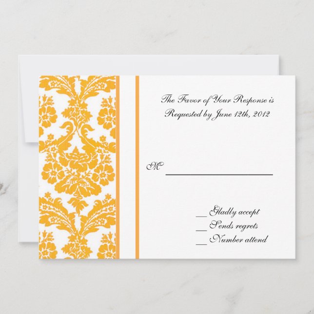 wedding acceptance card, yellow damask invitation (Front)