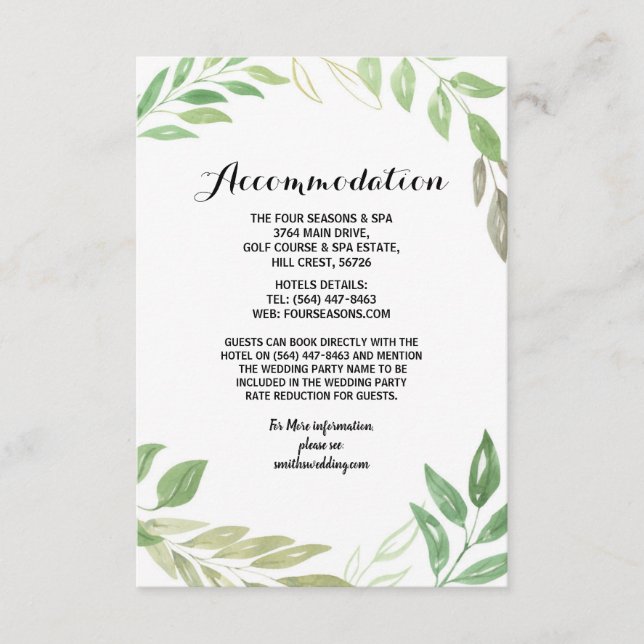 Wedding Accommodation Cards Foliage Leaves Green (Front)