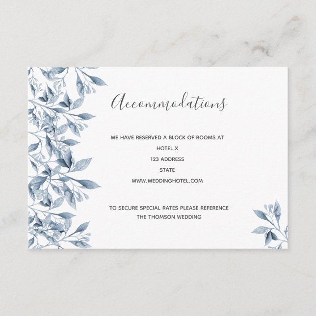 Wedding accommodations blue white floral enclosure card (Front)