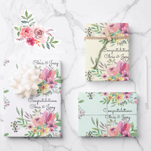 Wedding Add Names Floral Watercolor 3 Pretty Wrapping Paper Sheet